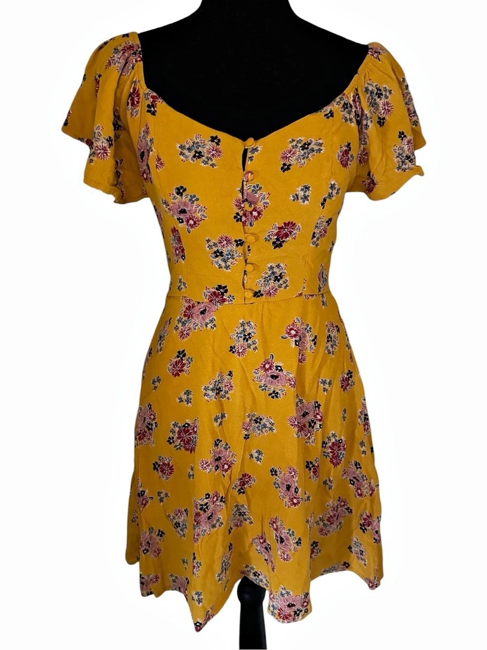 Blue Rain Floral Mini Dress in Mustard Yellow Size Small